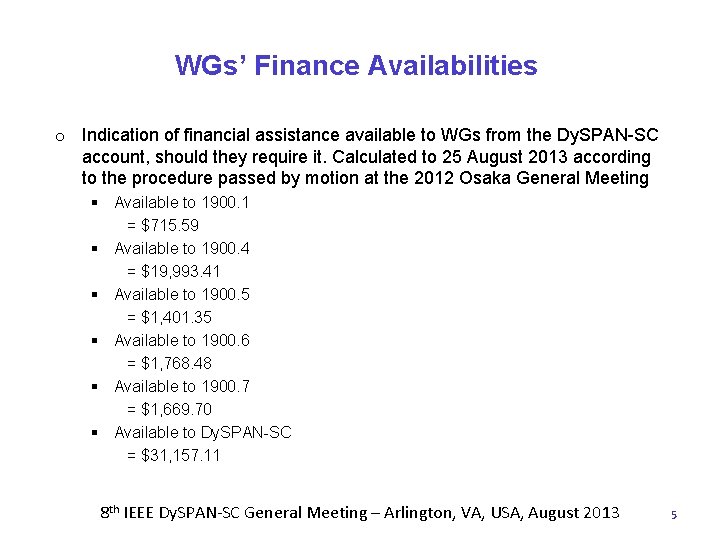 WGs’ Finance Availabilities o Indication of financial assistance available to WGs from the Dy.