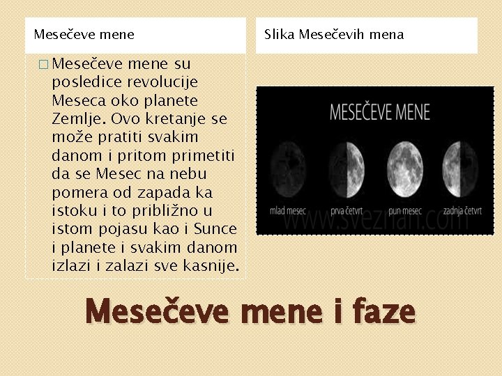 Mesečeve mene Slika Mesečevih mena � Mesečeve mene su posledice revolucije Meseca oko planete