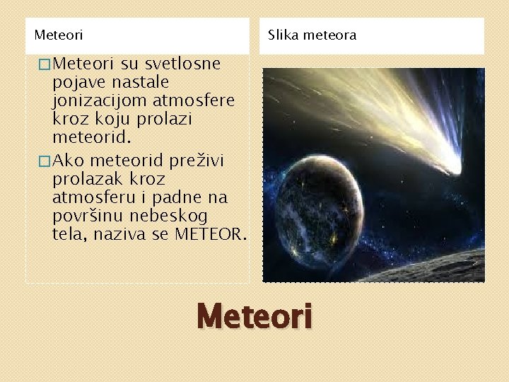 Meteori Slika meteora � Meteori su svetlosne pojave nastale jonizacijom atmosfere kroz koju prolazi