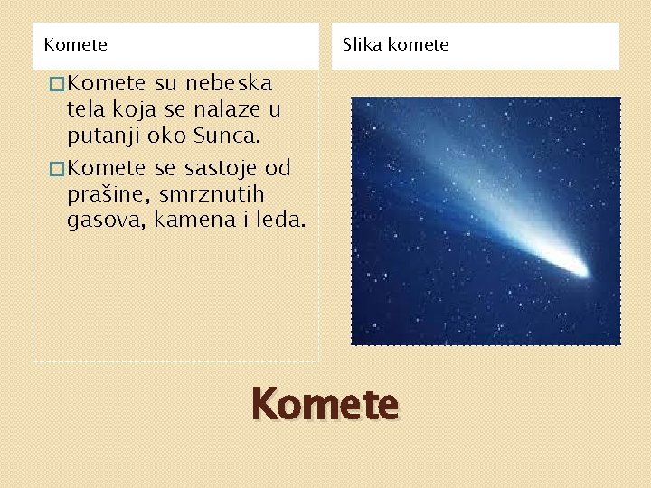 Komete Slika komete � Komete su nebeska tela koja se nalaze u putanji oko