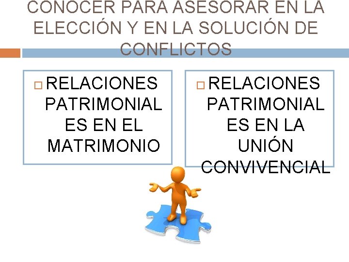 CONOCER PARA ASESORAR EN LA ELECCIÓN Y EN LA SOLUCIÓN DE CONFLICTOS RELACIONES PATRIMONIAL