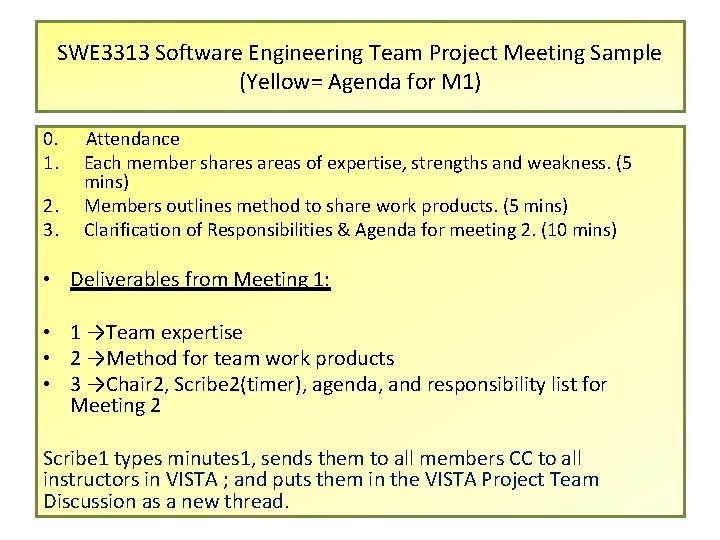 SWE 3313 Software Engineering Team Project Meeting Sample (Yellow= Agenda for M 1) 0.