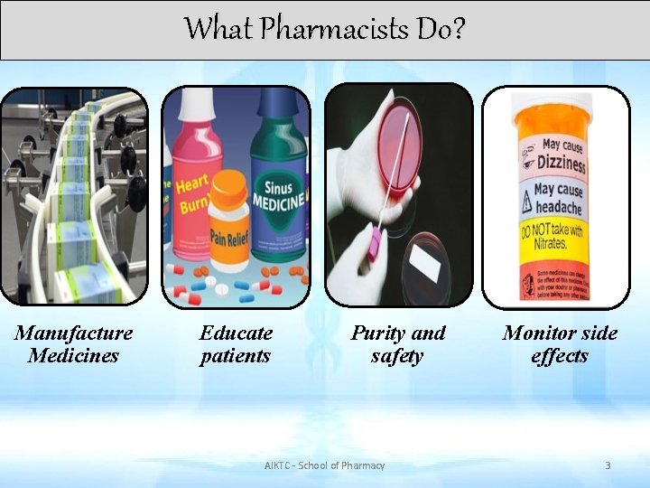 What Pharmacists Do? Manufacture Medicines Educate patients Purity and safety AIKTC - School of