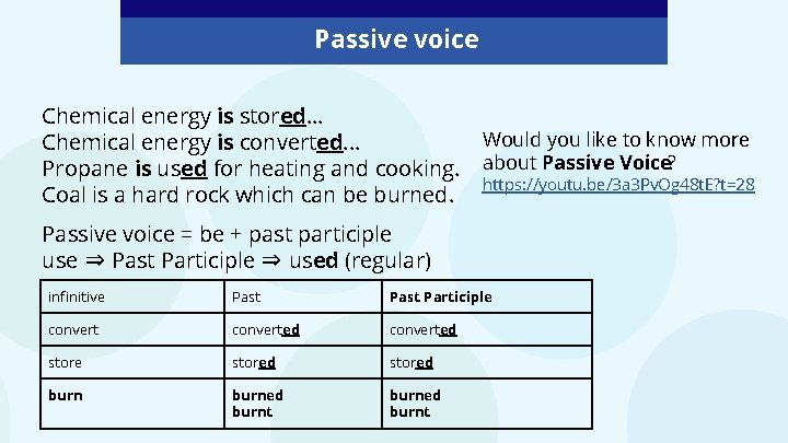 Passive voice Chemical energy is stored… Chemical energy is converted. . . Propane is