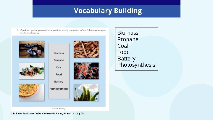 Vocabulary Building Biomass Propane Coal Food Battery Photosynthesis São Paulo Faz Escola, 2020. Caderno