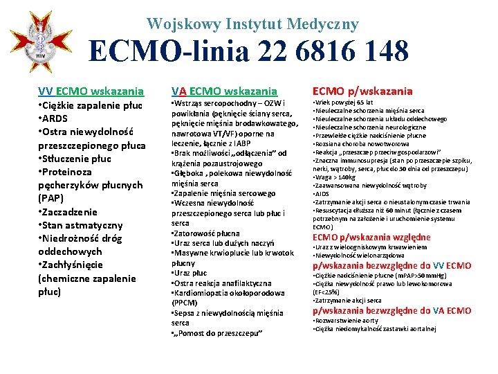 Wojskowy Instytut Medyczny ECMO-linia 22 6816 148 VV ECMO wskazania • Ciężkie zapalenie płuc Wojskowy Instytut Medyczny ECMO-linia 22 6816 148 VV ECMO wskazania • Ciężkie zapalenie płuc