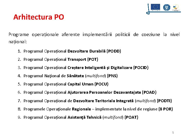 Arhitectura PO Programe operaționale aferente implementării politicii de coeziune la nivel național: 1. Programul