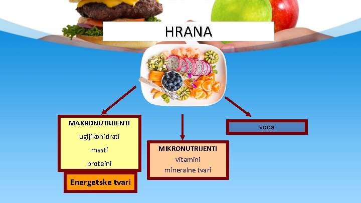 HRANA MAKRONUTRIJENTI voda ugljikohidrati masti proteini Energetske tvari MIKRONUTRIJENTI vitamini mineralne tvari 