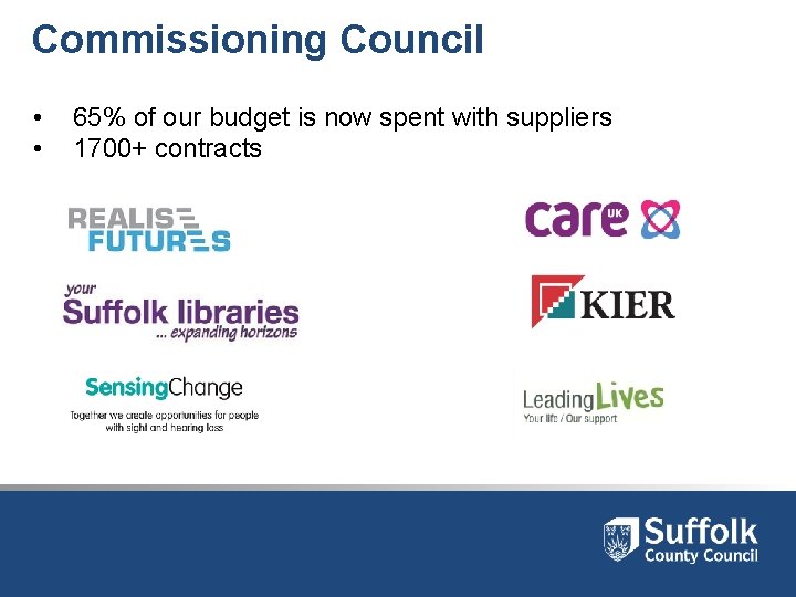 Commissioning Council • • 65% of our budget is now spent with suppliers 1700+ Commissioning Council • • 65% of our budget is now spent with suppliers 1700+