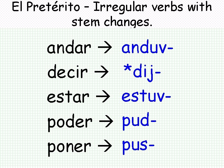 El Pretérito – Irregular verbs with stem changes. andar decir estar poder poner anduv*dijestuvpudpus- El Pretérito – Irregular verbs with stem changes. andar decir estar poder poner anduv*dijestuvpudpus-