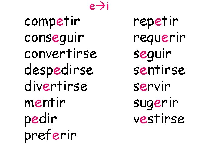 e i competir conseguir convertirse despedirse divertirse mentir pedir preferir repetir requerir seguir sentirse