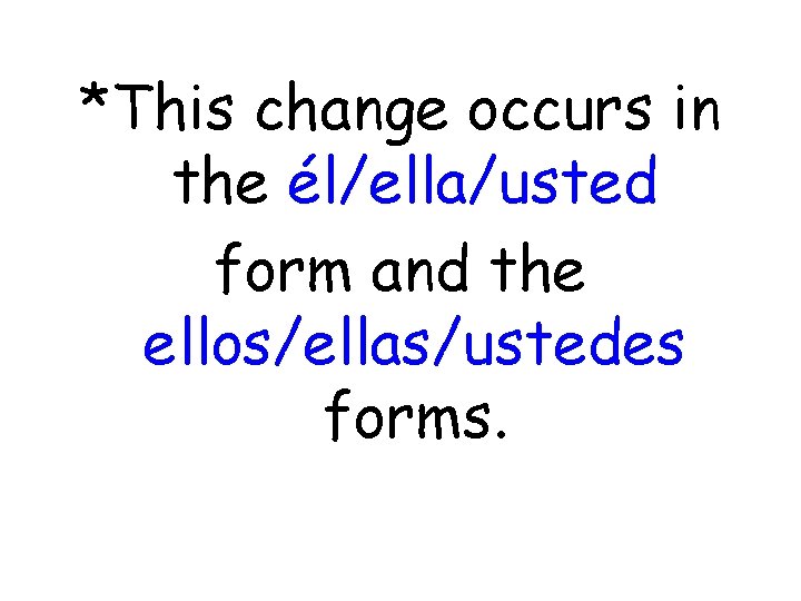 *This change occurs in the él/ella/usted form and the ellos/ellas/ustedes forms. 