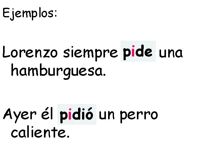 Ejemplos: Lorenzo siempre pide una hamburguesa. Ayer él pidió un perro caliente. 