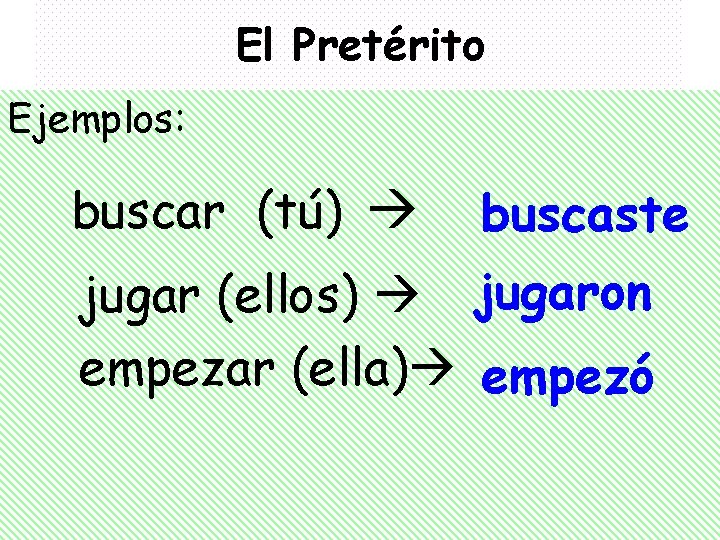 El Pretérito Ejemplos: buscar (tú) buscaste jugar (ellos) jugaron empezar (ella) empezó 