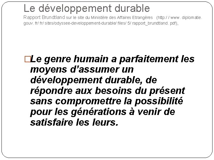 Le développement durable Rapport Brundtland sur le site du Ministère des Affaires Etrangères (http: