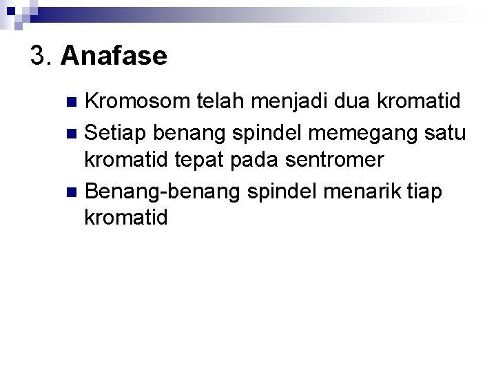 3. Anafase Kromosom telah menjadi dua kromatid n Setiap benang spindel memegang satu kromatid