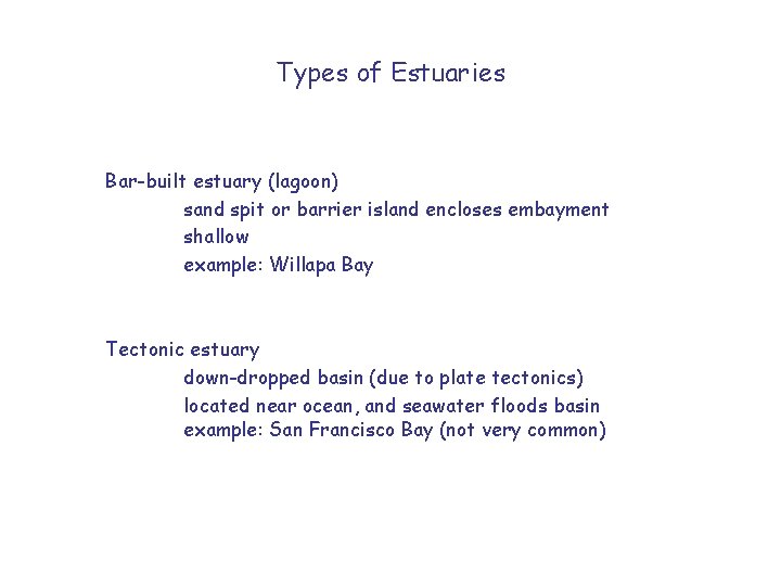 Types of Estuaries Bar-built estuary (lagoon) sand spit or barrier island encloses embayment shallow