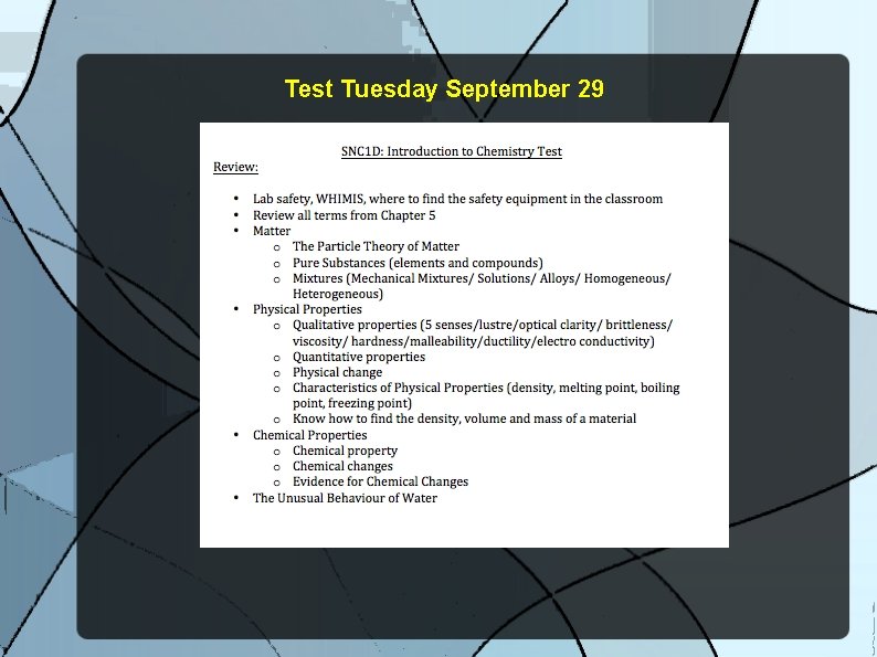 Test Tuesday September 29 