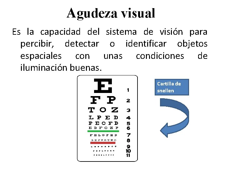 Agudeza visual Es la capacidad del sistema de visión para percibir, detectar o identificar