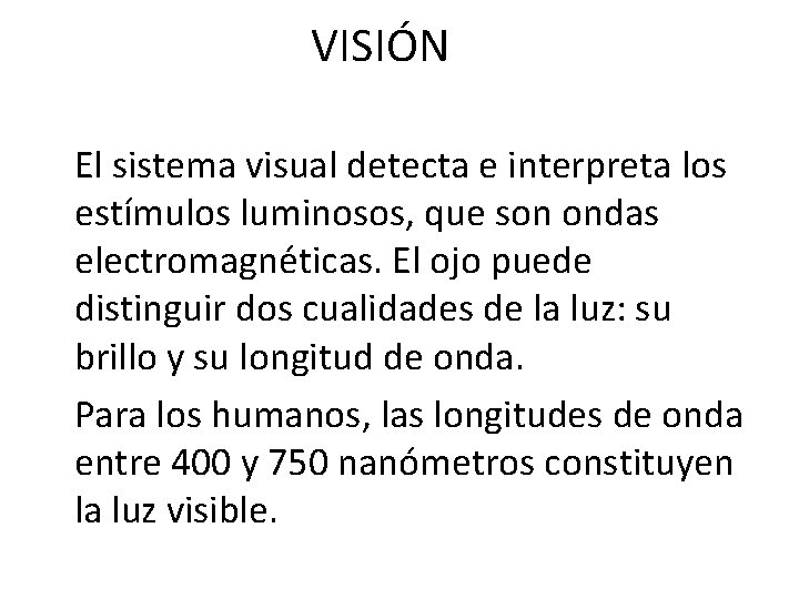 VISIÓN El sistema visual detecta e interpreta los estímulos luminosos, que son ondas electromagnéticas.