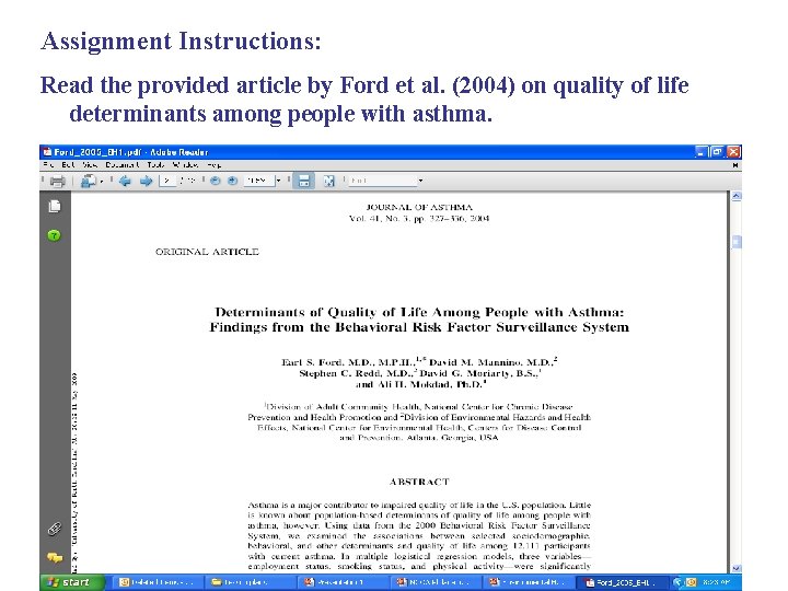 Assignment Instructions: Read the provided article by Ford et al. (2004) on quality of