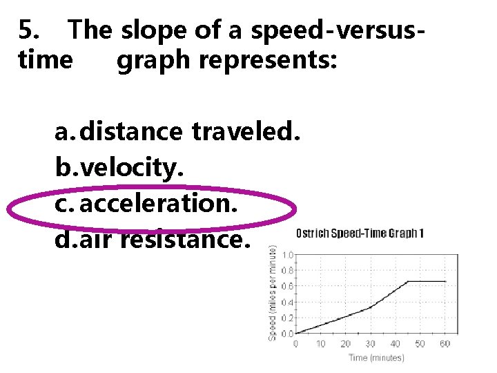 5. The slope of a speed-versustime graph represents: a. distance traveled. b. velocity. c.