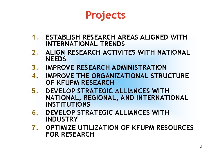 Projects 1. 2. 3. 4. 5. 6. 7. ESTABLISH RESEARCH AREAS ALIGNED WITH INTERNATIONAL