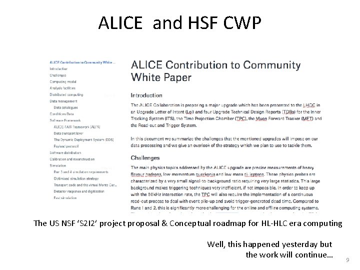 ALICE and HSF CWP The US NSF ‘S 2 I 2’ project proposal & ALICE and HSF CWP The US NSF ‘S 2 I 2’ project proposal &