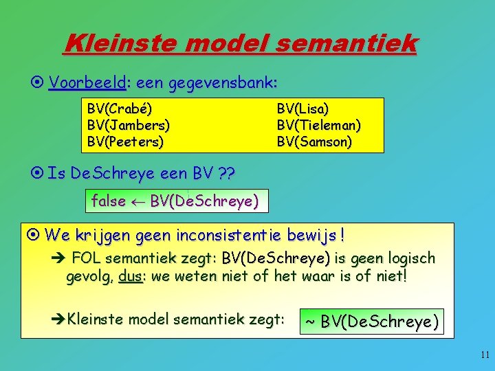 Kleinste model semantiek ¤ Voorbeeld: een gegevensbank: BV(Crabé) BV(Jambers) BV(Peeters) BV(Lisa) BV(Tieleman) BV(Samson) ¤