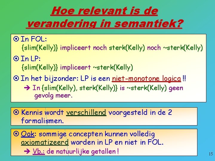 Hoe relevant is de verandering in semantiek? ¤ In FOL: {slim(Kelly)} impliceert noch sterk(Kelly)