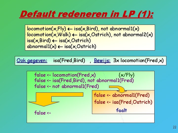 Default redeneren in LP (1): locomotion(x, Fly) isa(x, Bird), not abnormal 1(x) locomotion(x, Walk)