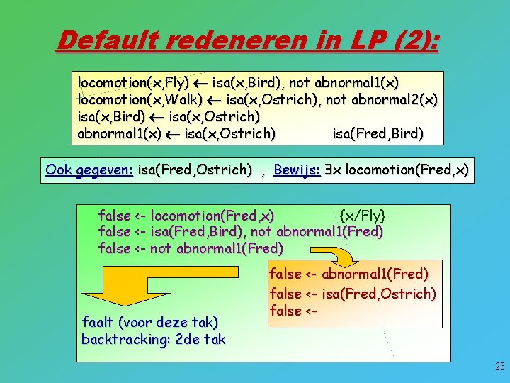 Default redeneren in LP (2): locomotion(x, Fly) isa(x, Bird), not abnormal 1(x) locomotion(x, Walk)