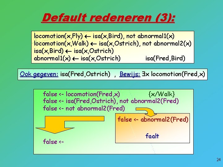 Default redeneren (3): locomotion(x, Fly) isa(x, Bird), not abnormal 1(x) locomotion(x, Walk) isa(x, Ostrich),