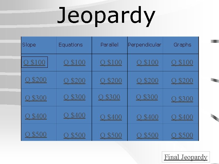 Jeopardy Slope Equations Parallel Perpendicular Graphs Q $100 Q $100 Q $200 Q $200