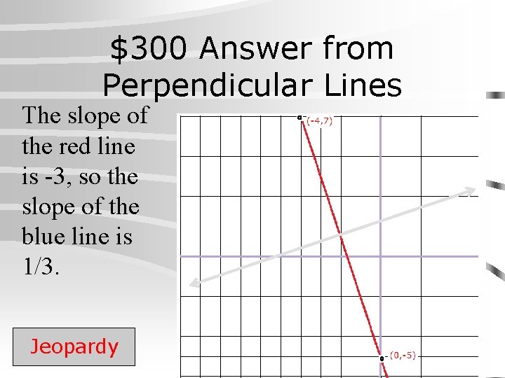 $300 Answer from Perpendicular Lines The slope of the red line is -3, so