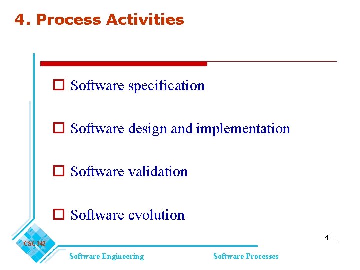 4. Process Activities o Software specification o Software design and implementation o Software validation