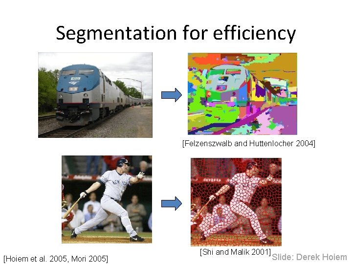 Segmentation for efficiency [Felzenszwalb and Huttenlocher 2004] [Hoiem et al. 2005, Mori 2005] [Shi