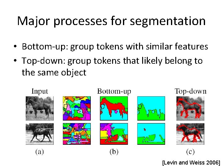 Major processes for segmentation • Bottom-up: group tokens with similar features • Top-down: group