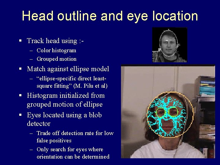 Head outline and eye location § Track head using : – Color histogram –