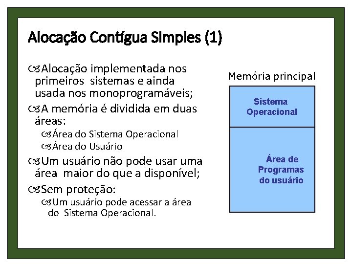 Alocação Contígua Simples (1) Alocação implementada nos primeiros sistemas e ainda usada nos monoprogramáveis;