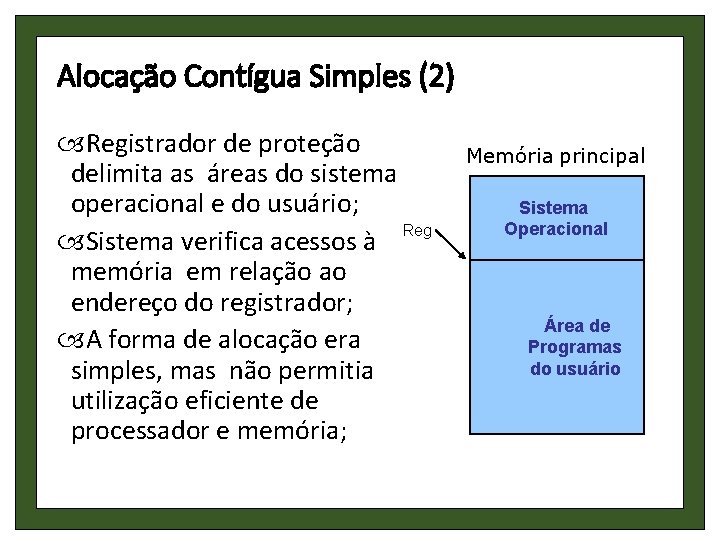 Alocação Contígua Simples (2) Registrador de proteção delimita as áreas do sistema operacional e