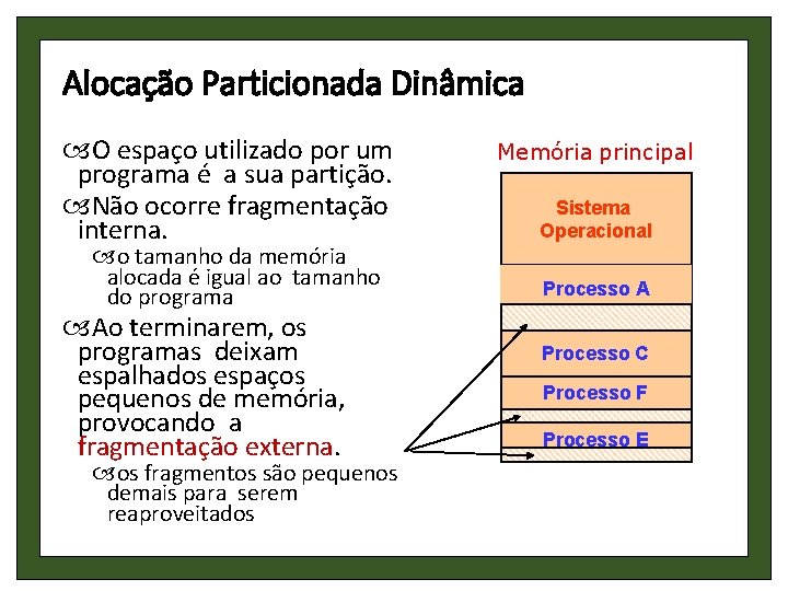 Alocação Particionada Dinâmica O espaço utilizado por um programa é a sua partição. Não