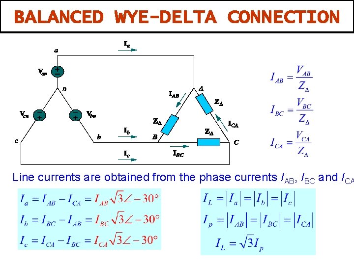 BALANCED WYE-DELTA CONNECTION Line currents are obtained from the phase currents IAB, IBC and