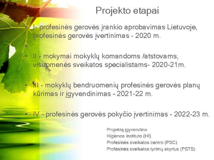 Projekto etapai • I- profesinės gerovės įrankio aprobavimas Lietuvoje, profesinės gerovės įvertinimas - 2020