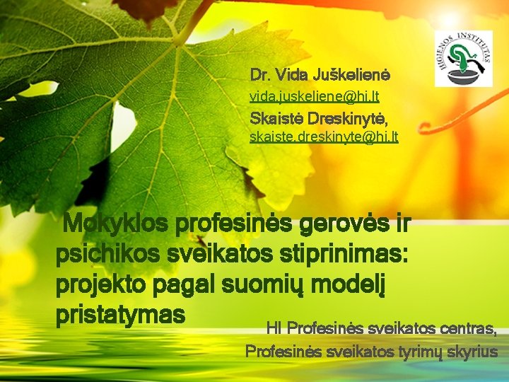 Dr. Vida Juškelienė vida. juskeliene@hi. lt Skaistė Dreskinytė, skaiste. dreskinyte@hi. lt Mokyklos profesinės gerovės