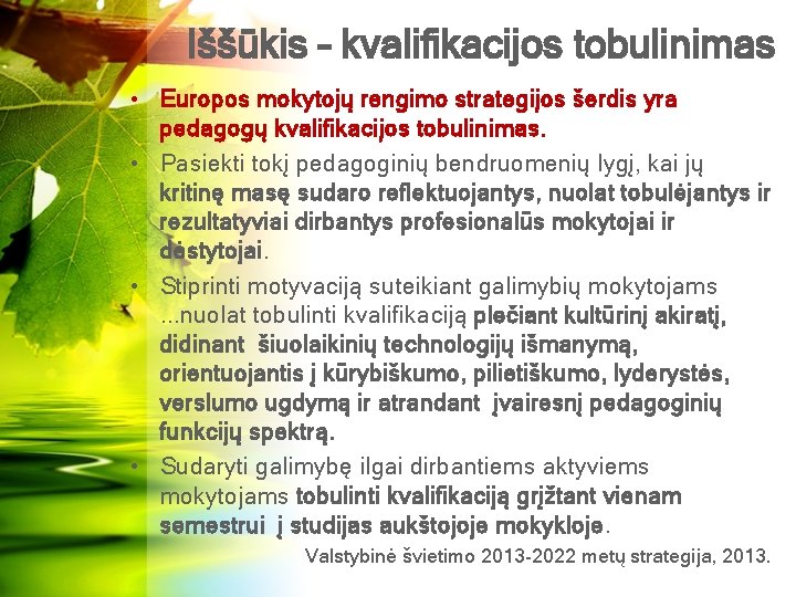 Iššūkis – kvalifikacijos tobulinimas • Europos mokytojų rengimo strategijos šerdis yra pedagogų kvalifikacijos tobulinimas.