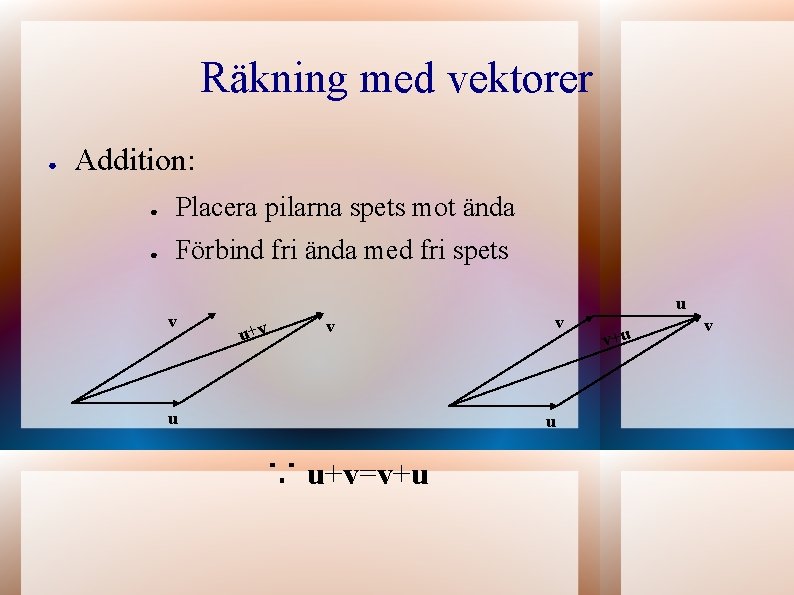 Räkning med vektorer ● Addition: ● Placera pilarna spets mot ända ● Förbind fri