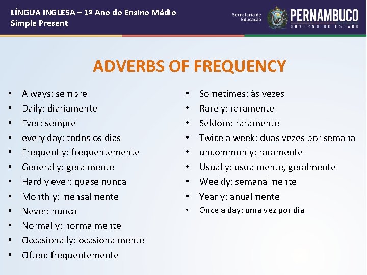 LÍNGUA INGLESA – 1º Ano do Ensino Médio Simple Present ADVERBS OF FREQUENCY •