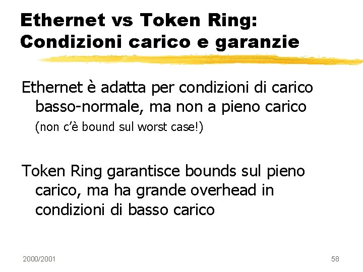 Ethernet vs Token Ring: Condizioni carico e garanzie Ethernet è adatta per condizioni di