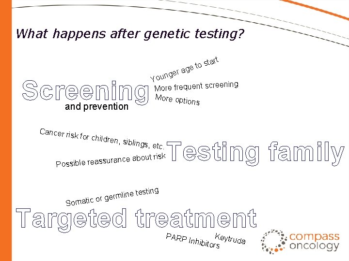 What happens after genetic testing? tart to s e g a Screening and prevention